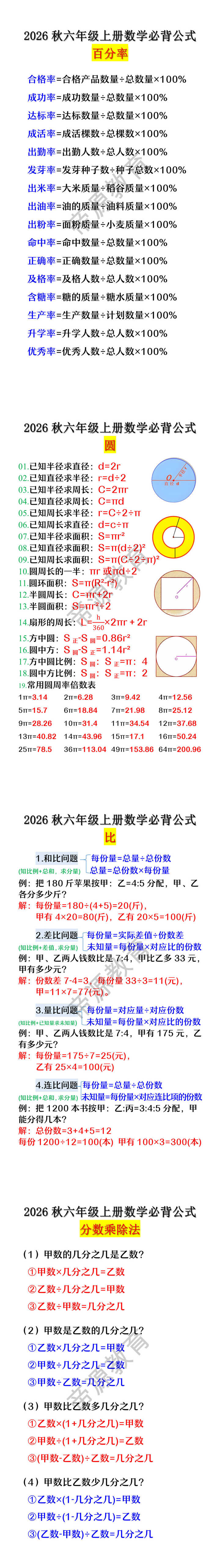 2026秋六年级上册数学必背公式