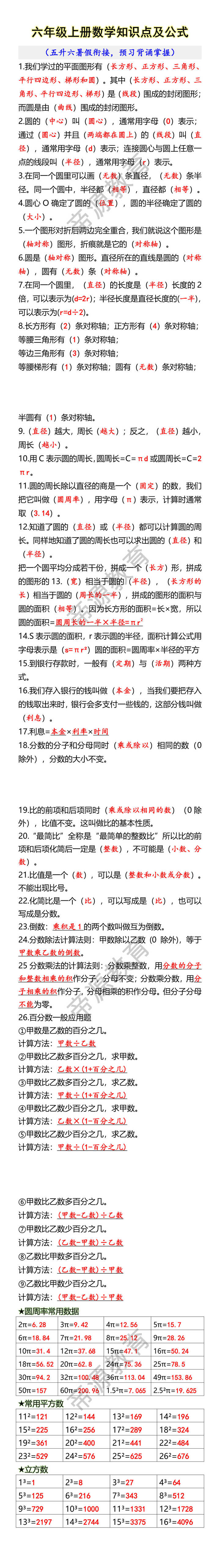 六年级上册数学知识点及公式