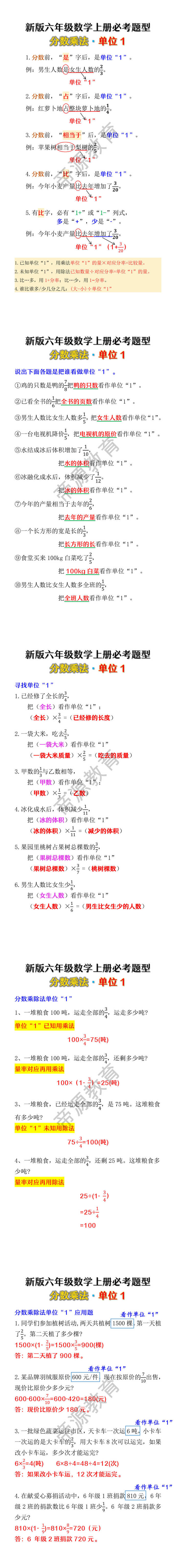新版六年级数学上册必考题型分数乘法·单位1
