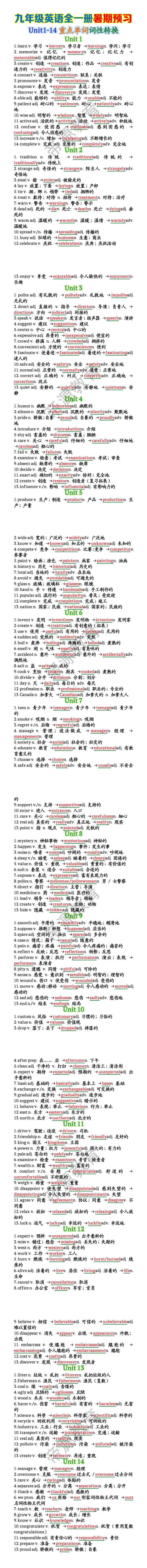 九年级英语全一册Unit1-14重点单词词性转换