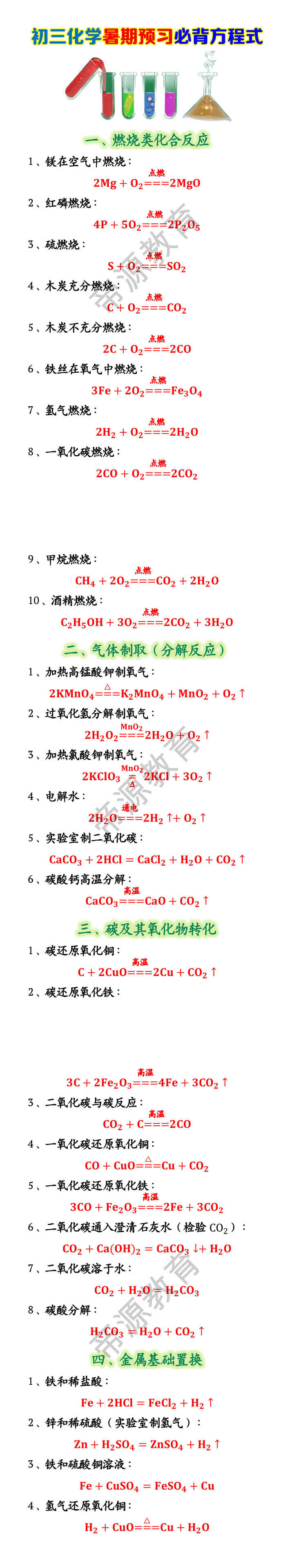 初三化学暑期预习必背方程式
