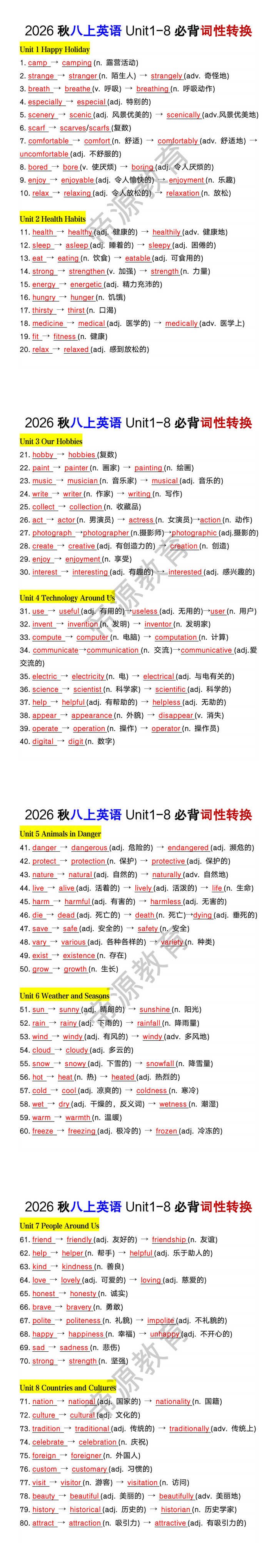 2026秋八年级上册英语Unit1-8必背词性转换 2026秋八年级上册英语Unit1-8必背词性转换