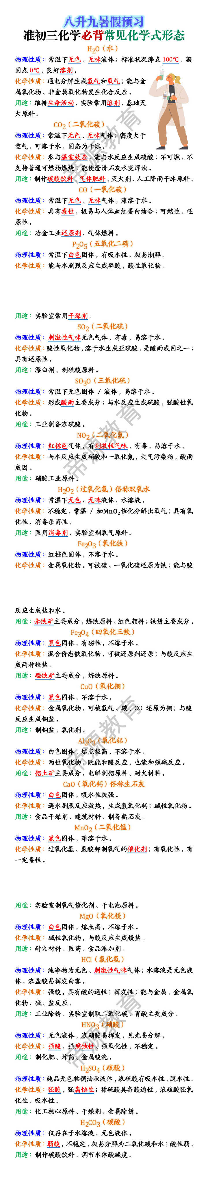 初三化学预习必背常见化学式形态