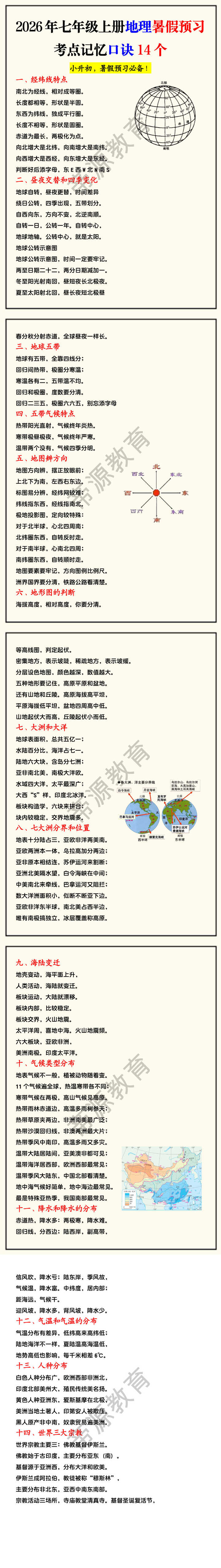 2026年七年级上册地理暑假预习考点记忆口诀14个