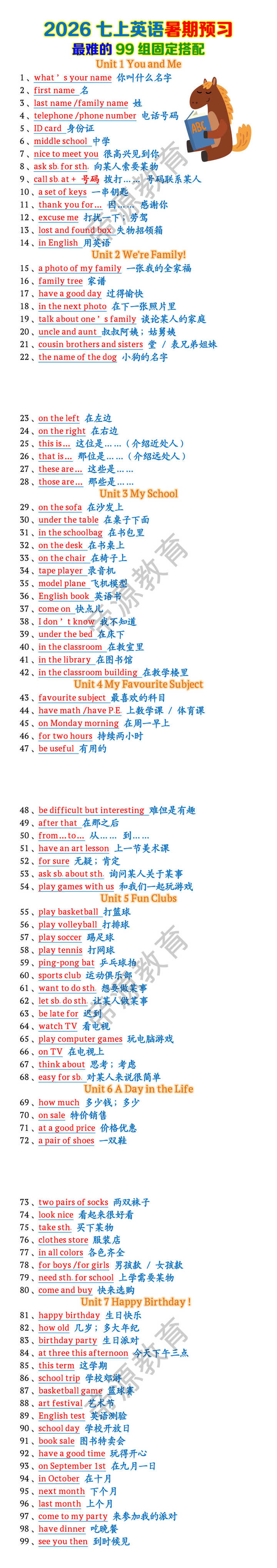 七上英语预习最难的99组固定搭配 七上英语预习最难的99组固定搭配