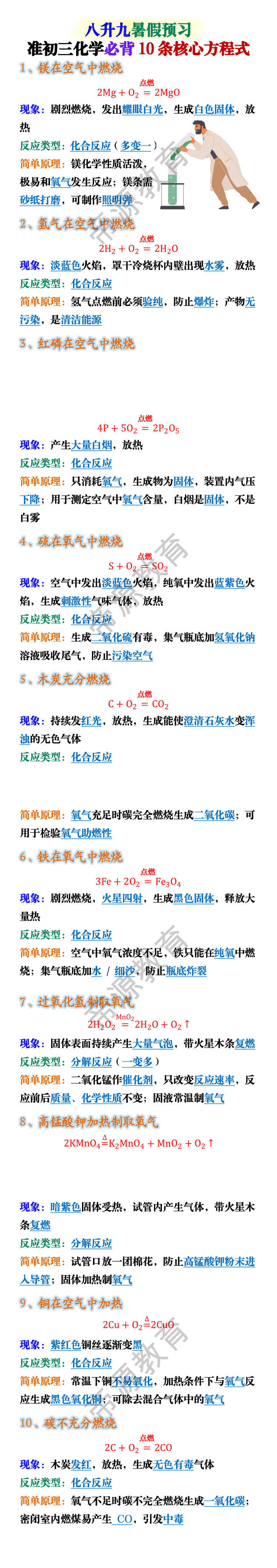 初三化学预习必背10条核心方程式