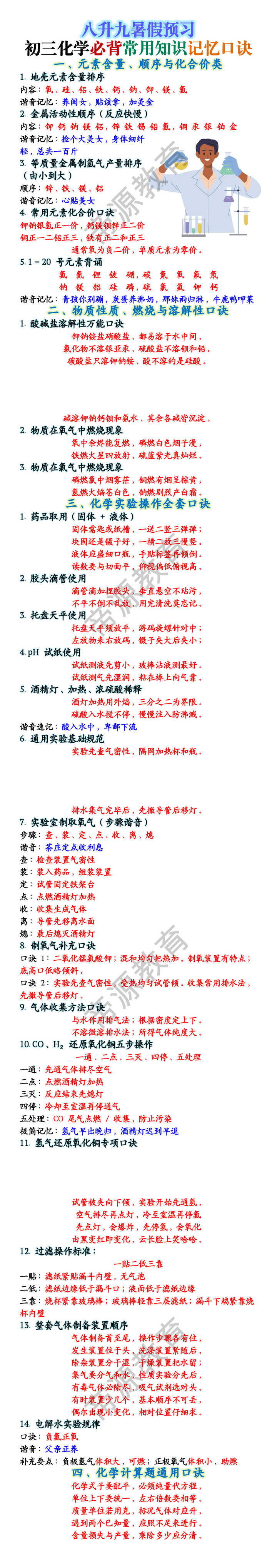 初三化学必背常用知识记忆口诀
