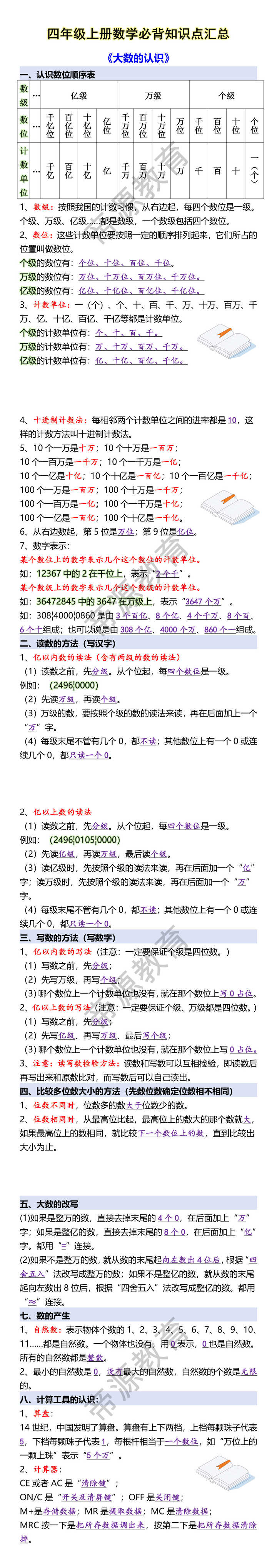 四年级上册数学必背知识点汇总