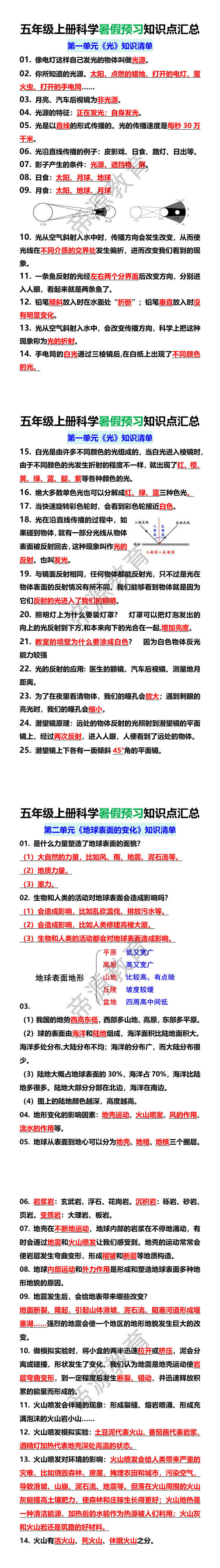 五年级上册科学暑假预习知识点