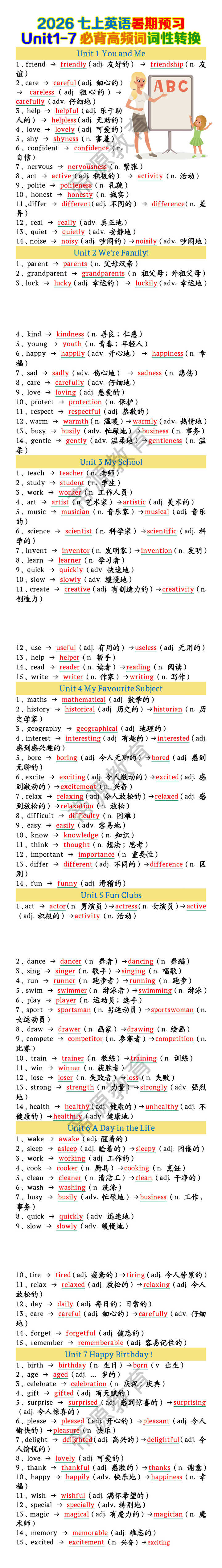 七上英语Unit1-7必背高频词词性转换 七上英语Unit1-7必背高频词词性转换