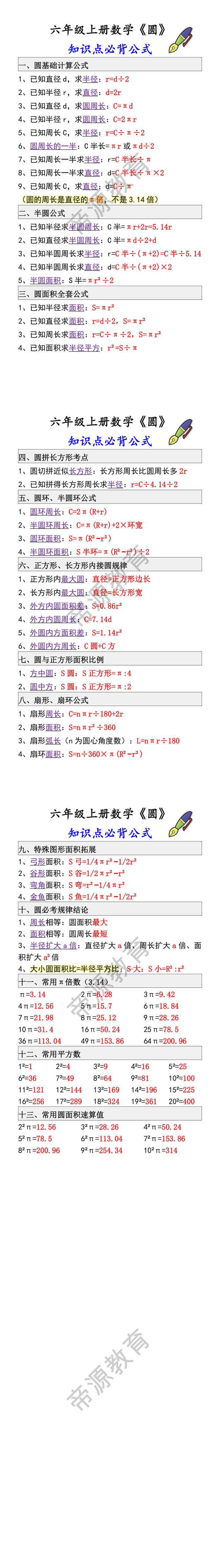 六年级上册数学《圆》 知识点必背公式