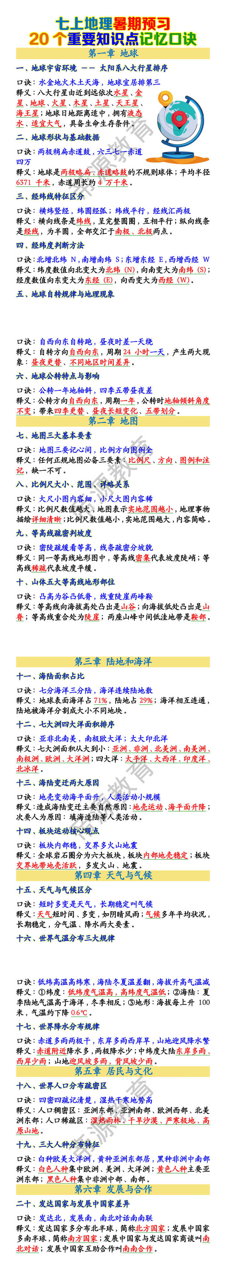 七上地理20个重要知识点记忆口诀 七上地理20个重要知识点记忆口诀