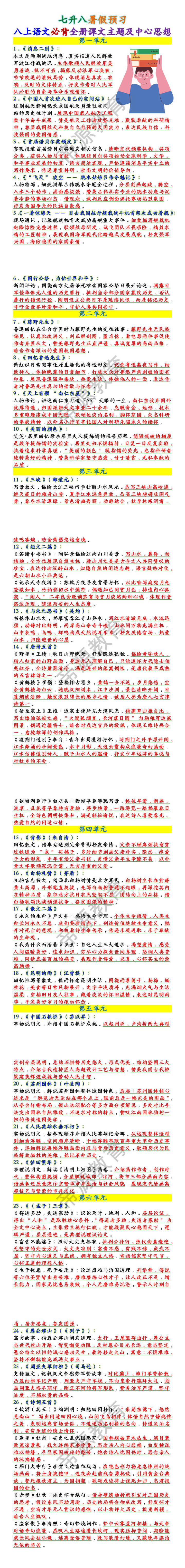 八上语文必背全册课文主题及中心思想