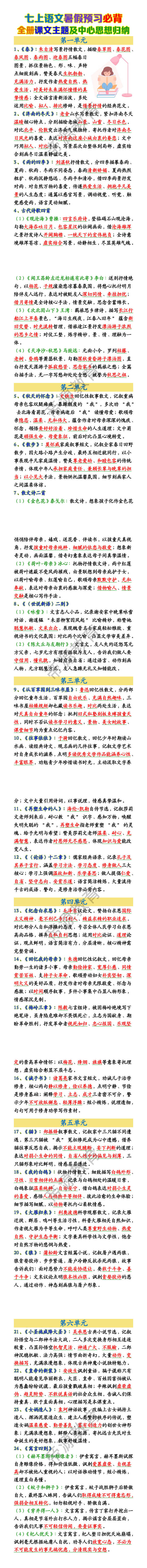 七上语文必背全册课文主题及中心思想归纳 七上语文必背全册课文主题及中心思想归纳
