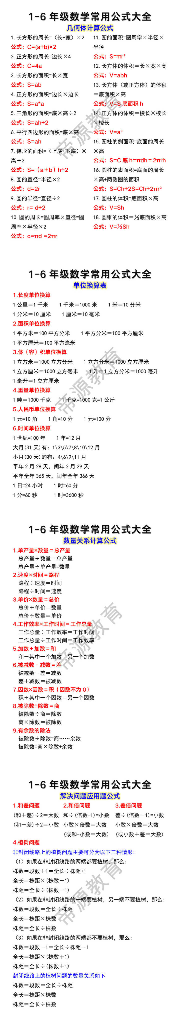 1-6年级数学常用公式大全