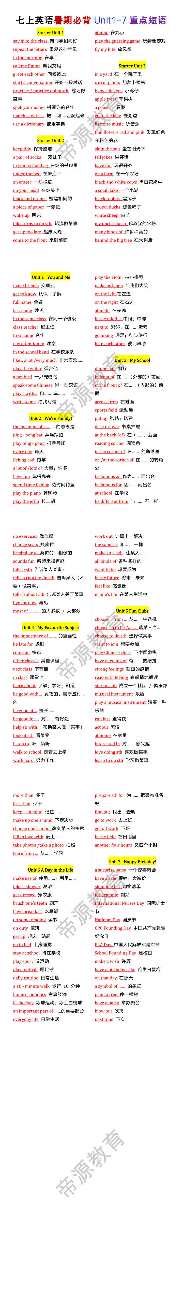 七年级上册英语暑期必背Unit1-7重点短语 七年级上册英语暑期必背Unit1-7重点短语