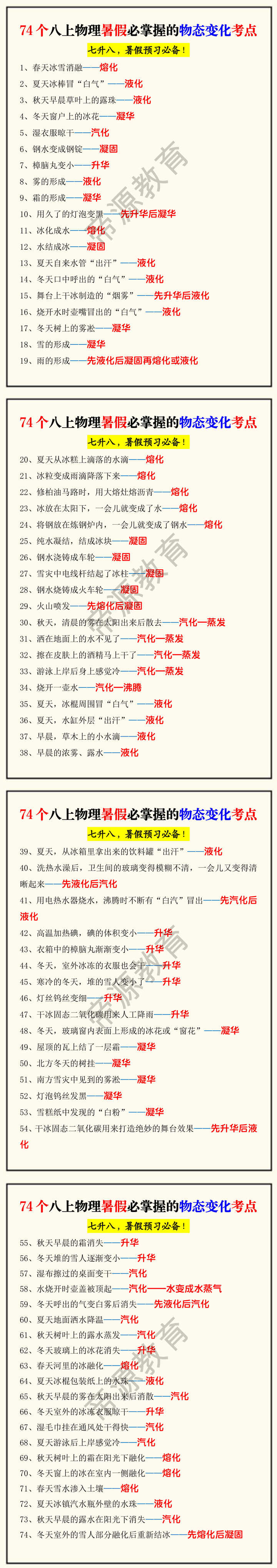 74个八上物理暑假必掌握的物态变化考点
