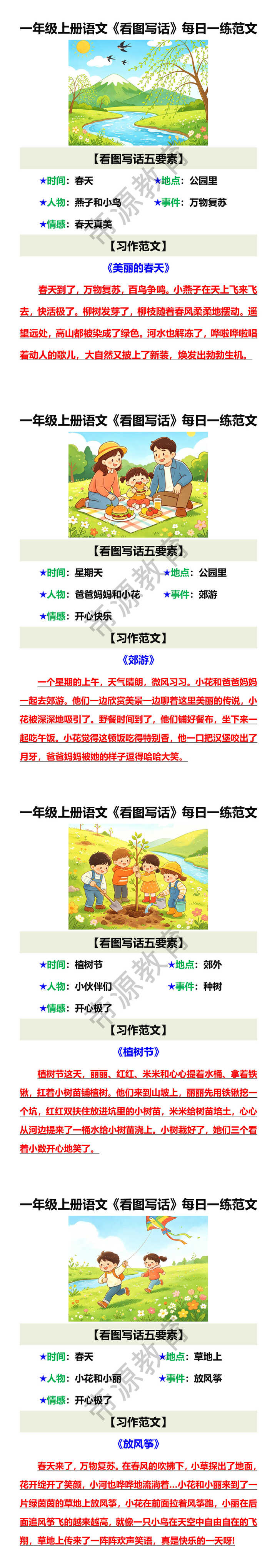 一年级上册语文《看图写话》每日一练范文