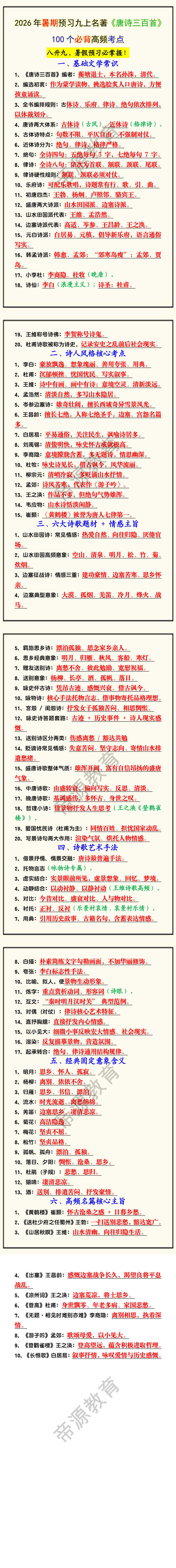 2026年暑期预习九上名著《唐诗三百首》100个必背高频考点