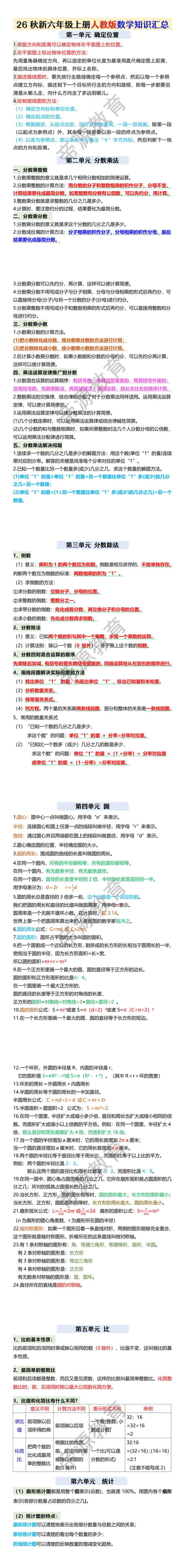 26秋新六年级上册人教版数学知识汇总 26秋新六年级上册人教版数学知识汇总