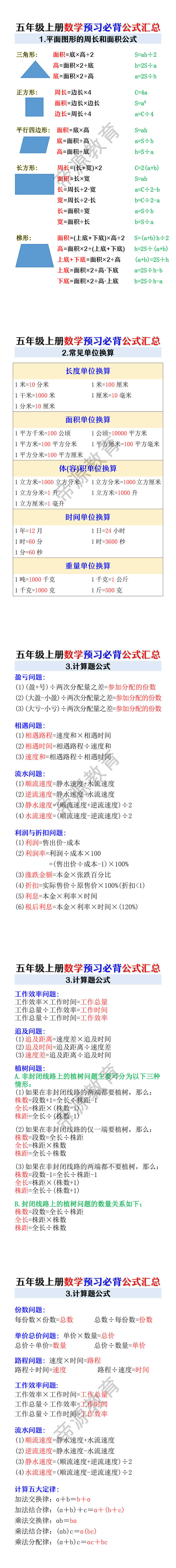 五年级上册数学预习必背公式汇总