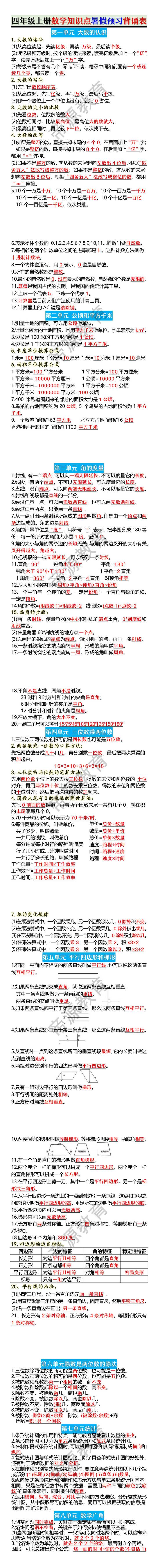 四年级上册数学知识点暑假预习背诵表 四年级上册数学知识点暑假预习背诵表