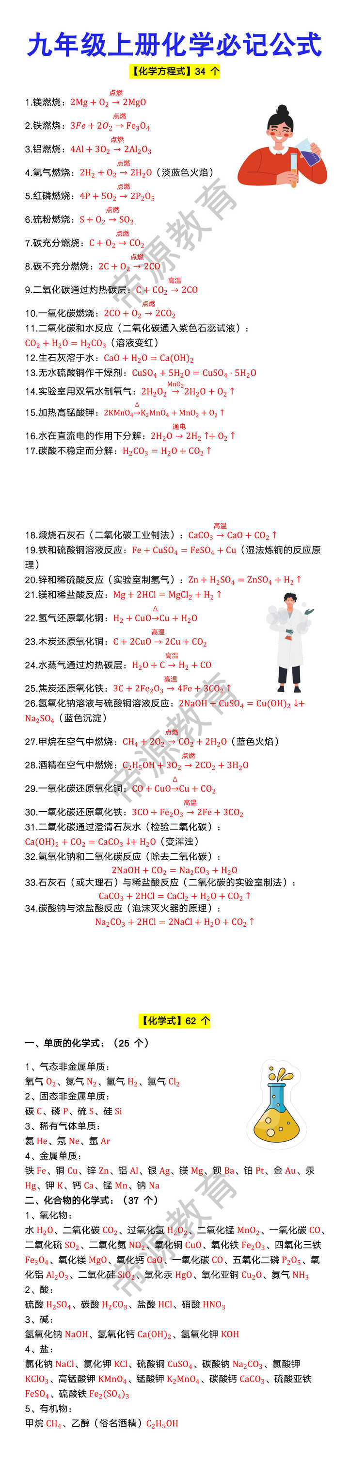 九年级上册化学必记公式