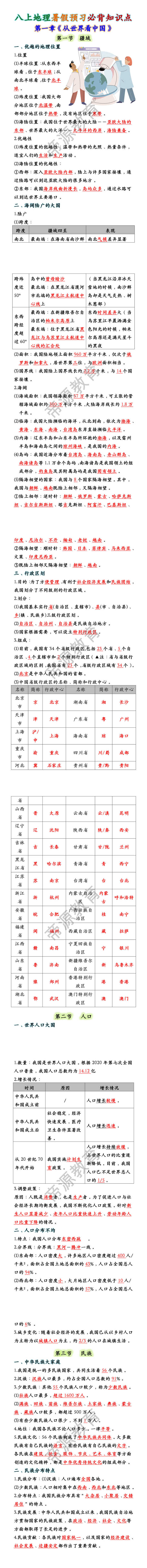 八上地理第一章《从世界看中国》预习必背知识点