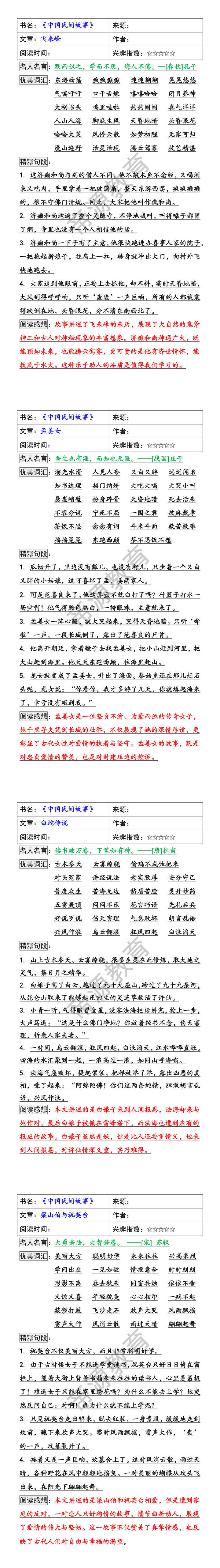 五年级上册快乐读书吧《中国民间故事》读书笔记 五年级上册快乐读书吧《中国民间故事》读书笔记