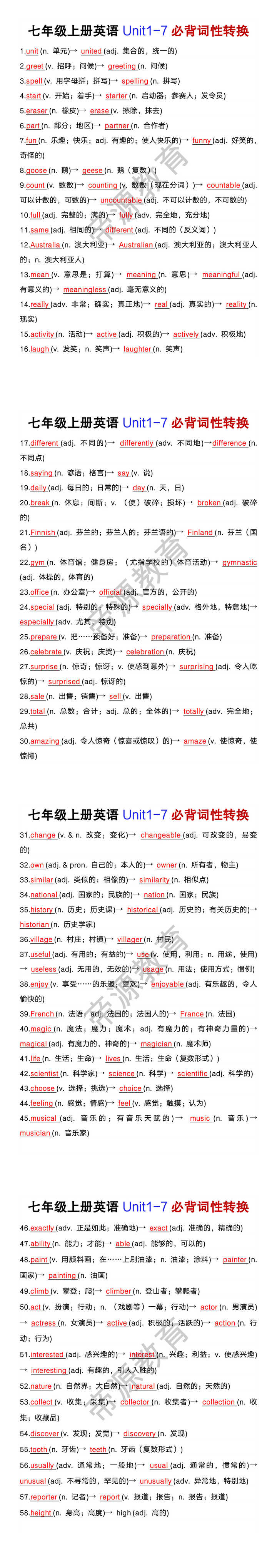 七年级上册英语Unit1-7必背词性转换 七年级上册英语Unit1-7必背词性转换
