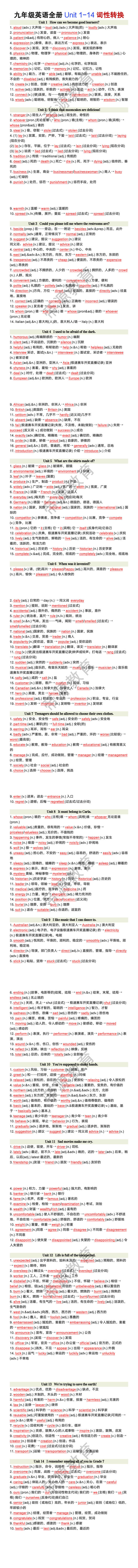 九年级英语全册Unit 1-14 词性转换汇总 九年级英语全册Unit 1-14 词性转换汇总