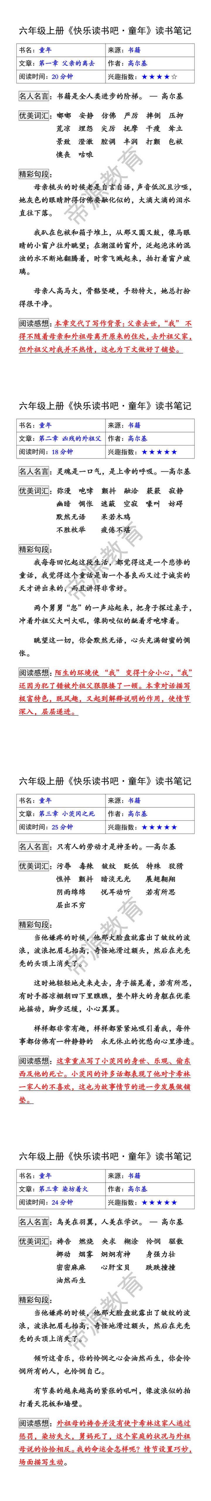 六年级上册快乐读书吧必读书目《童年》读书笔记