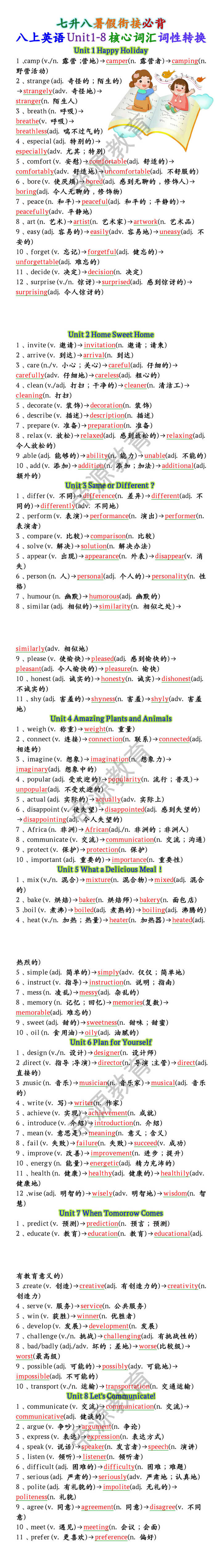 八上英语Unit1-8核心词汇词性转换 八上英语Unit1-8核心词汇词性转换