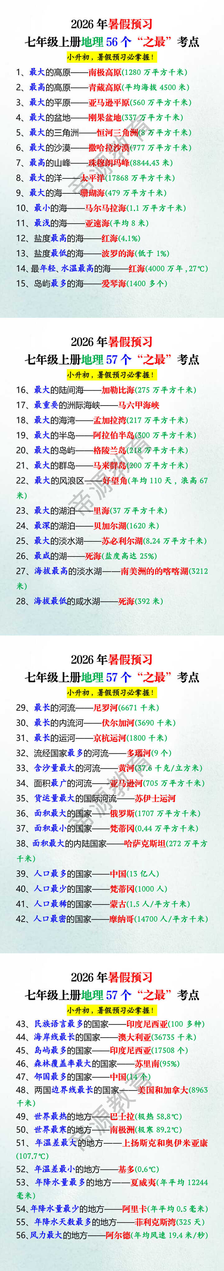 2026年暑假预习七年级上册地理56个“之最”考点