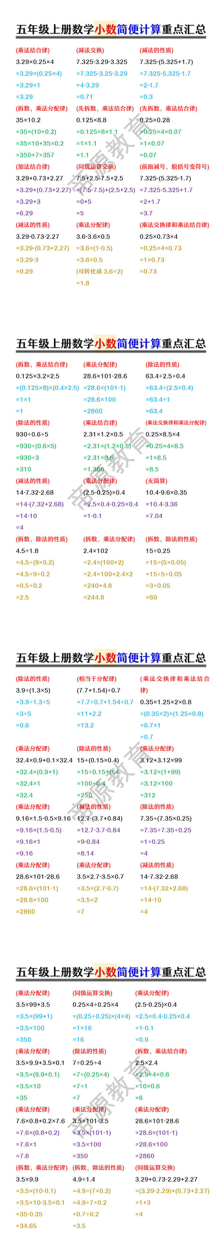 五年级上册数学小数简便计算重点汇总 五年级上册数学小数简便计算重点汇总