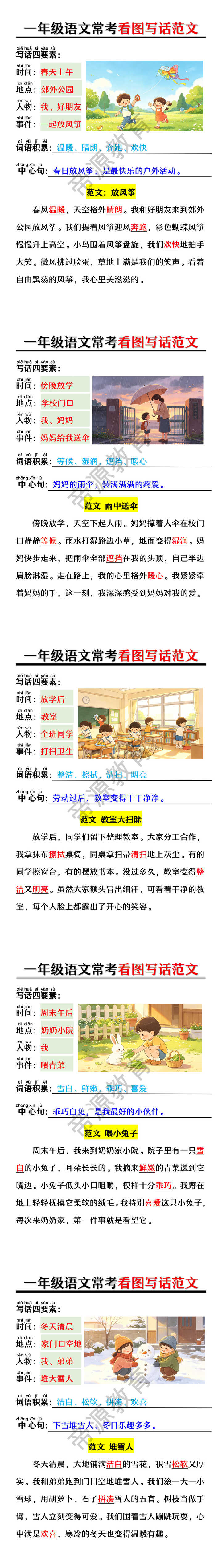 一年级语文常考看图写话范文
