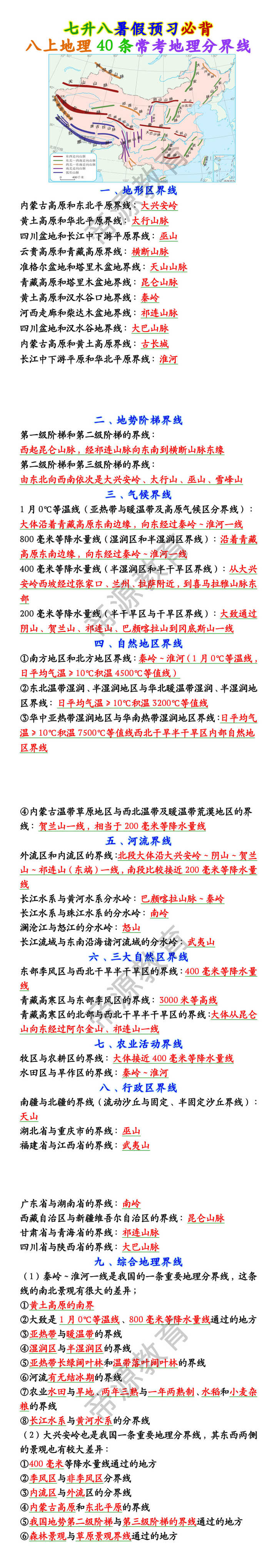 八上地理40条常考地理分界线