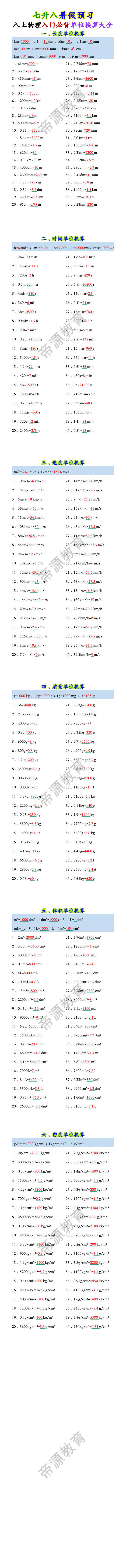 八上物理入门必背单位换算大全