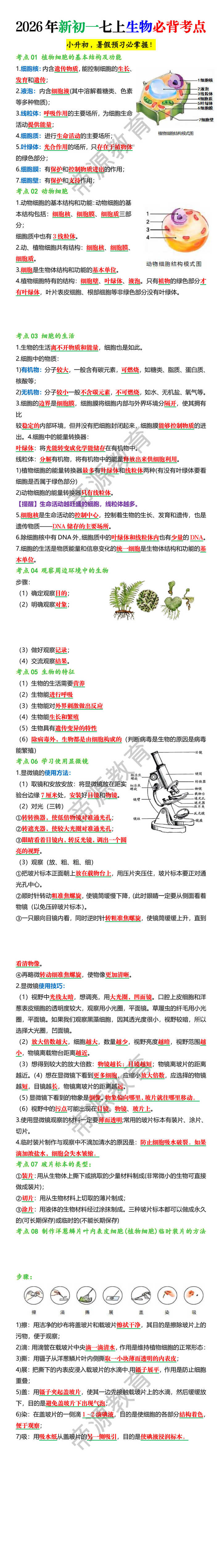 2026年新初一七上生物必背考点