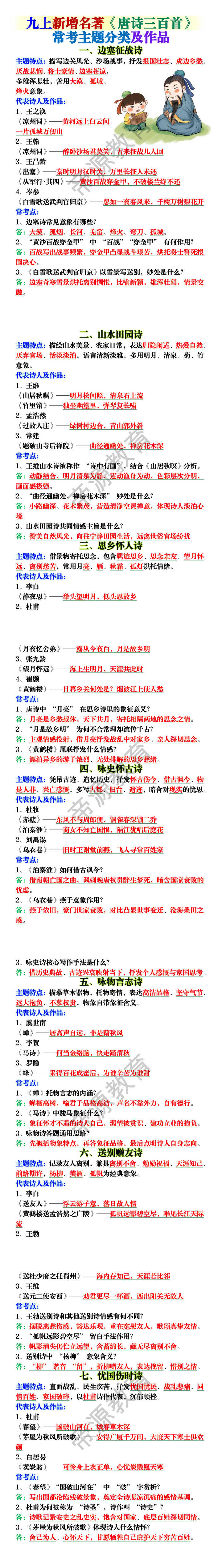 九上新增名著《唐诗三百首》常考主题分类及作品