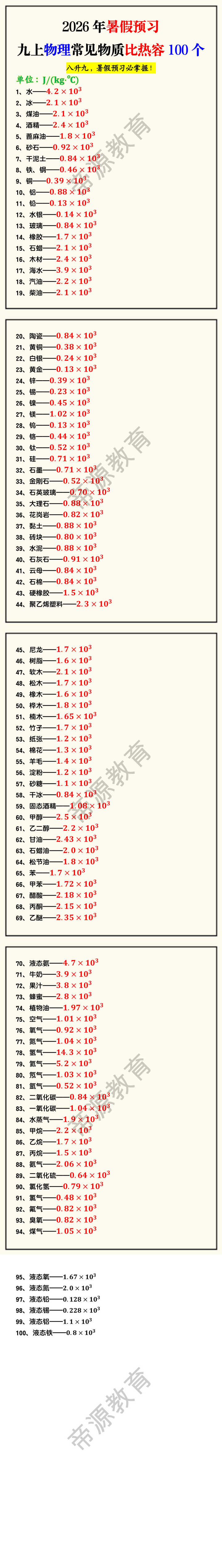 2026年暑假预习九上物理常见物质比热容100个 2026年暑假预习九上物理常见物质比热容100个