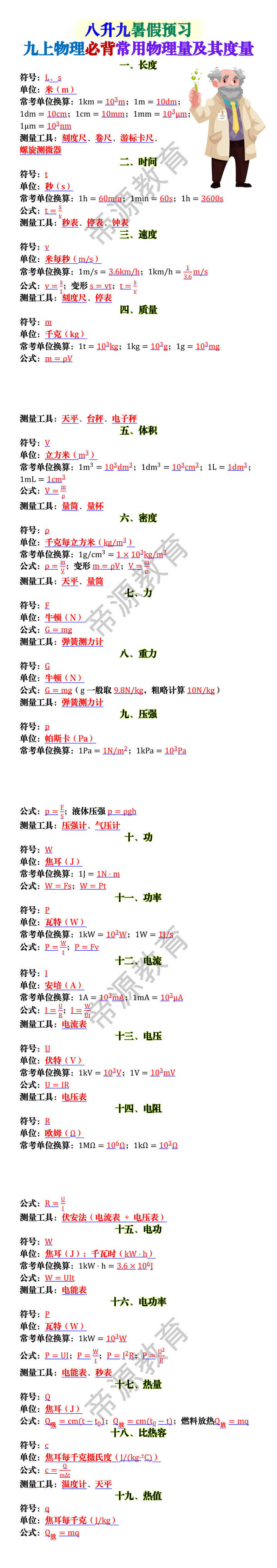 九上物理必背常用物理量及其度量