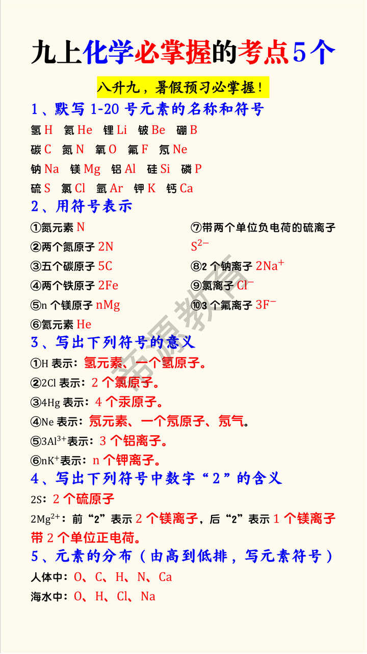 九上化学必掌握的考点5个
