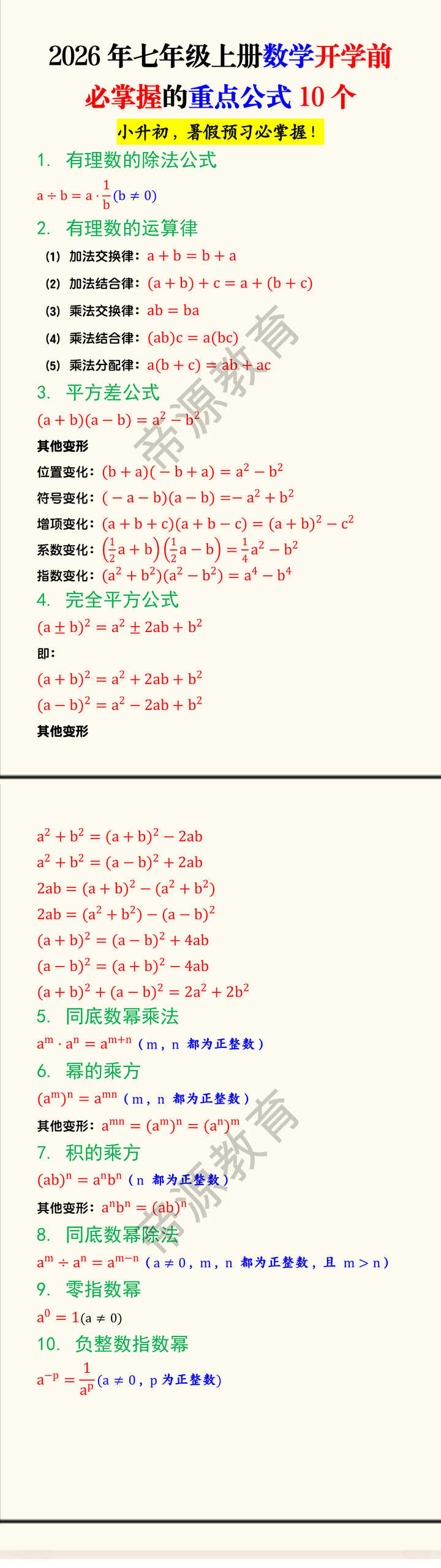 2026年七年级上册数学开学前必掌握的重点公式10个