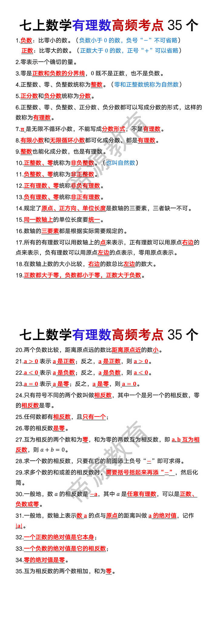 七年级上册数学有理数高频考点35个