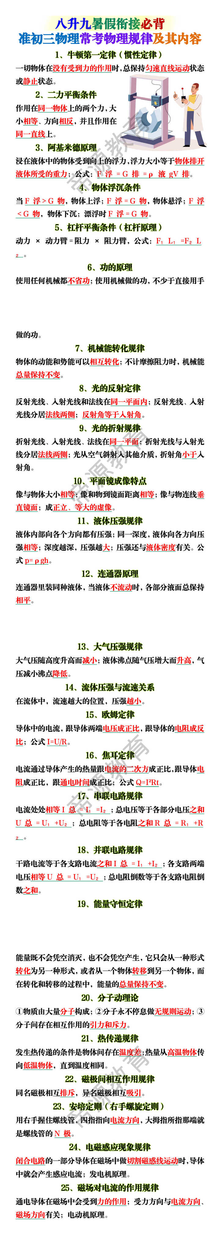 初三物理常考物理规律及其内容