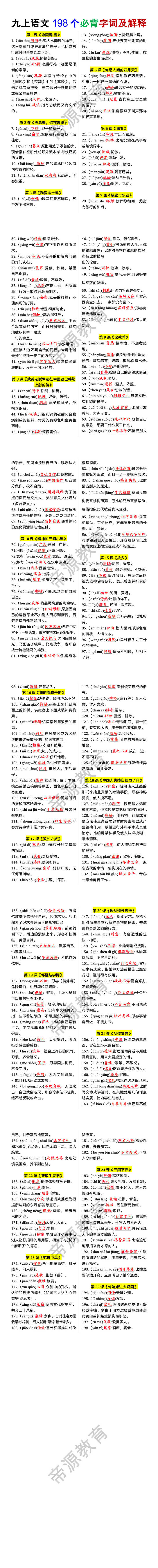 九年级上册语文198个必背字词及解释