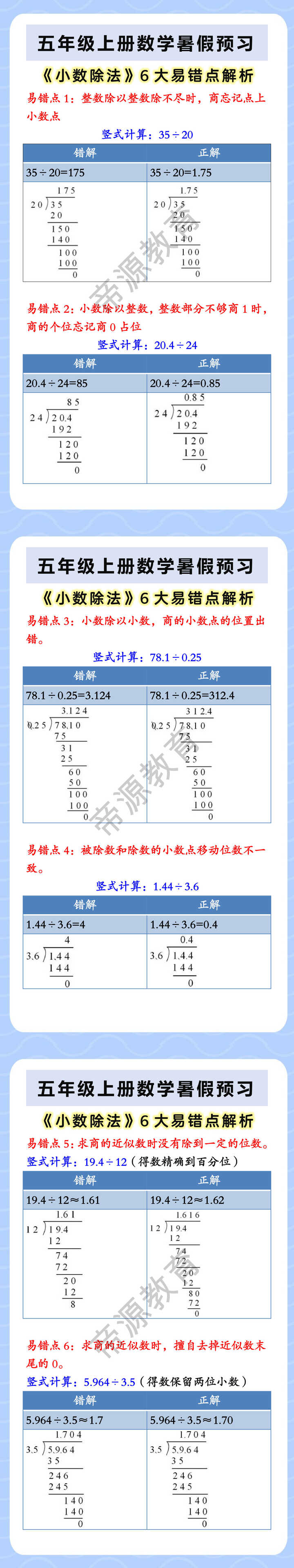 五年级上册数学《小数除法》六大易错点解析