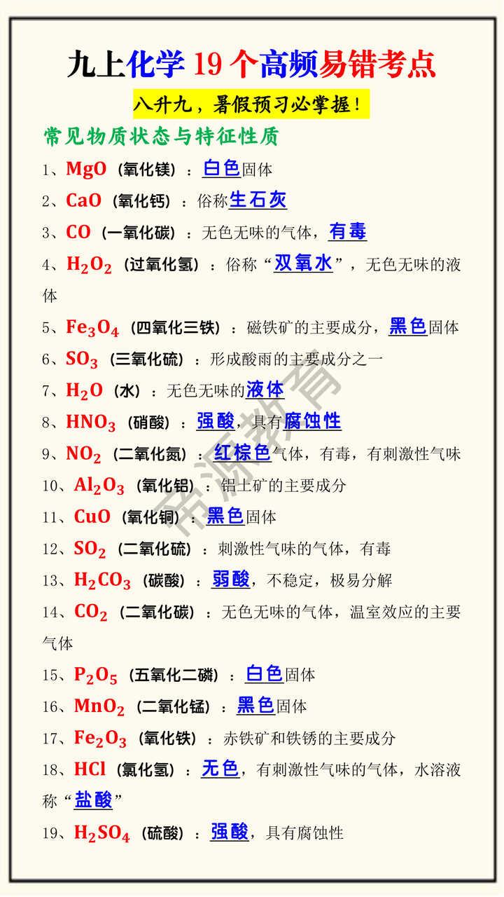 九上化学19个高频易错考点