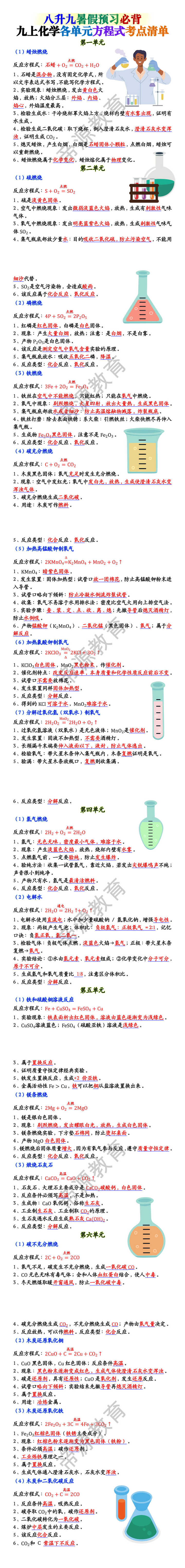 九上化学各单元方程式考点清单